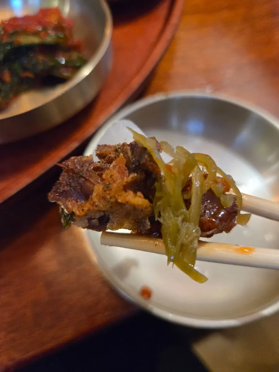 Fried jokbal eaten with pickled chili peppers
