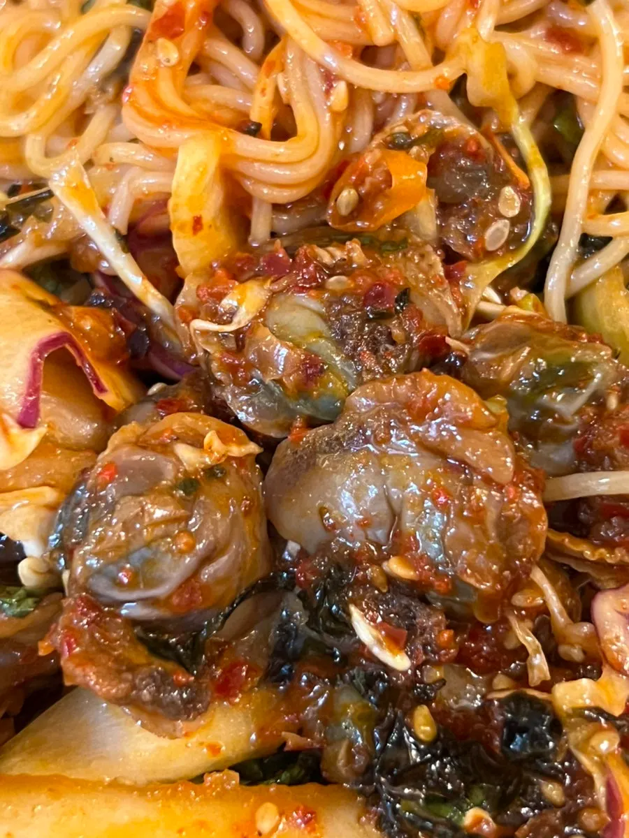 Close-up of chewy Yeosu cockle meat