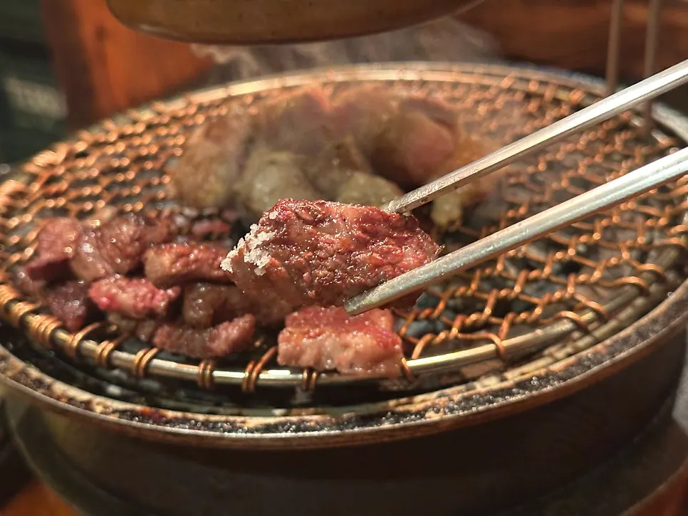 A piece of hanwoo grilled over charcoal