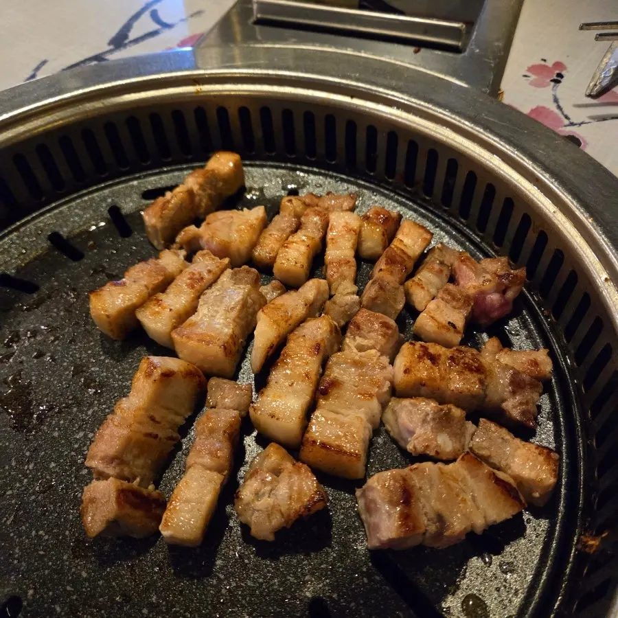 Crisply cooked pork belly pieces