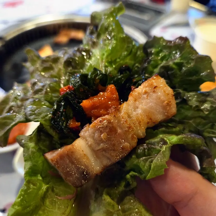 Pork belly wrap with grilled kimchi