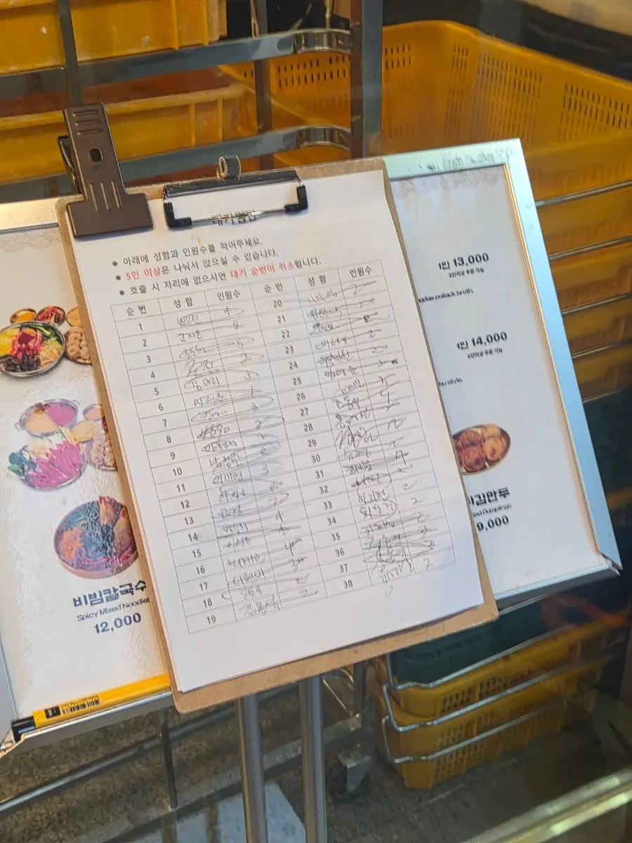 Fully booked waiting list after finishing the meal at Jongga Mandu