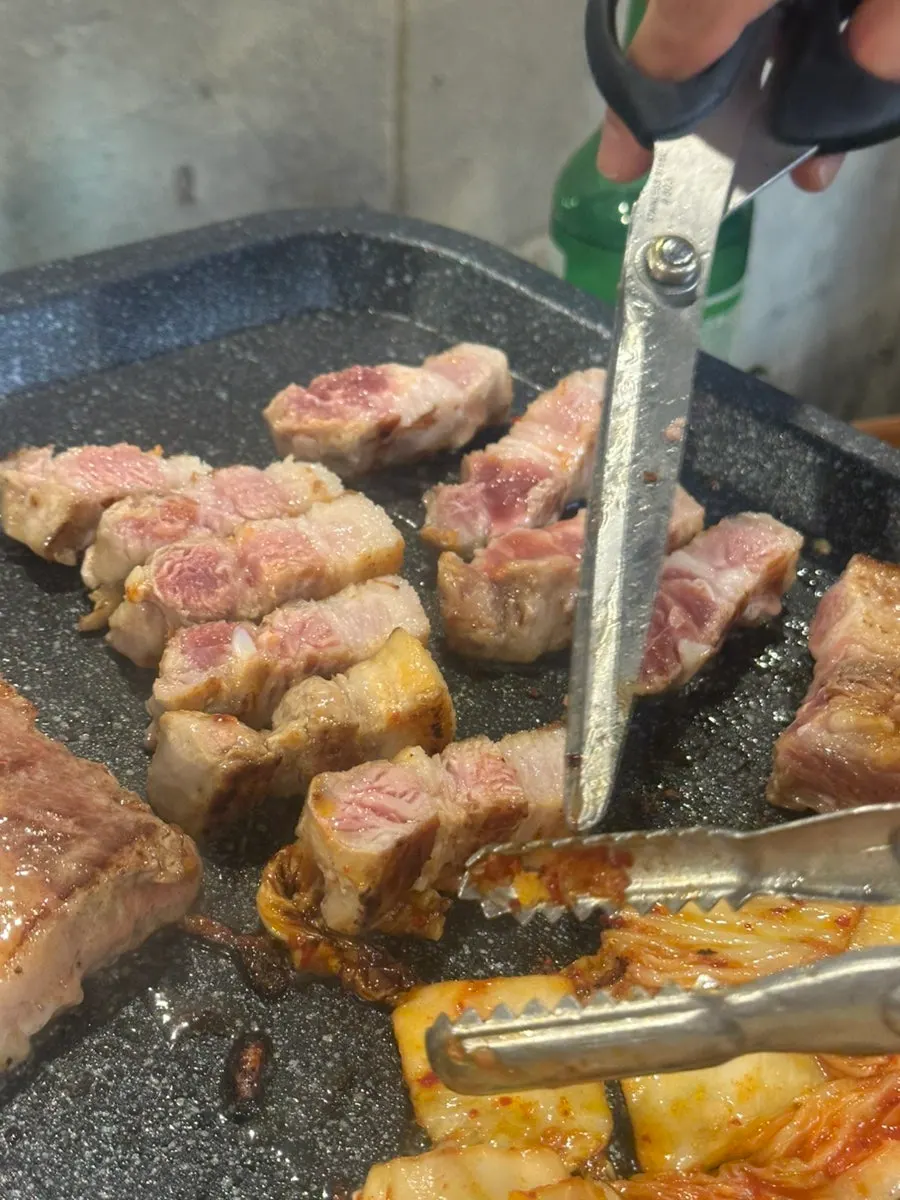 Close-up of thick grilled pork belly