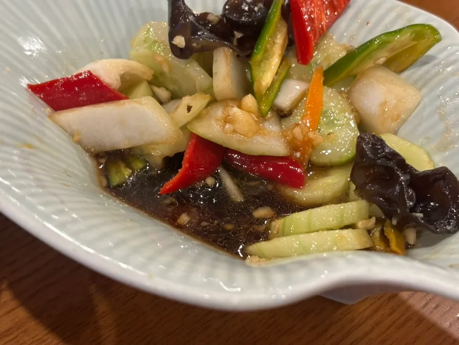 Close-up of the crisp tangy cucumber salad