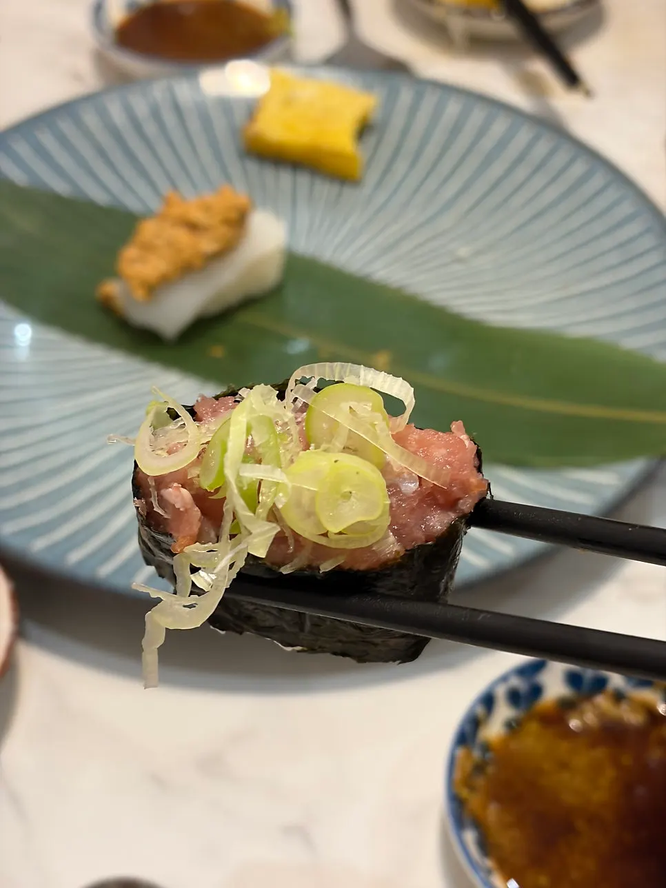 Close-up of negitoro gunkan sushi