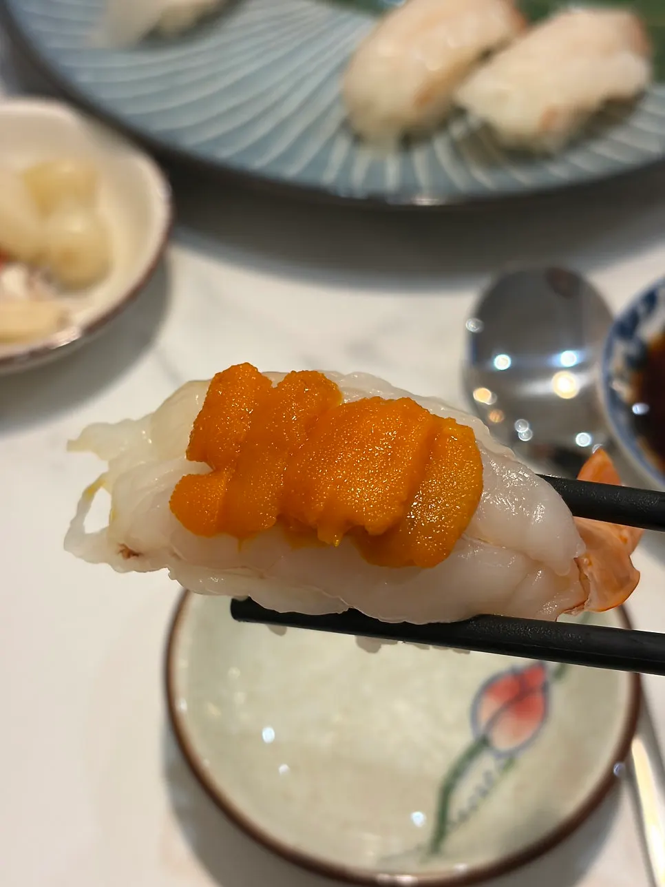 A piece of sushi from the premium set