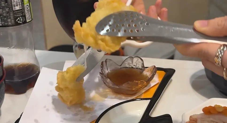Cross-section of a halved sweet rice mochi tempura