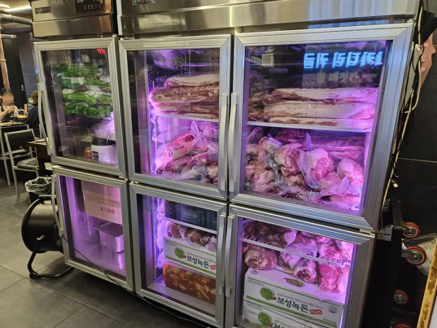 Boseong black pork meat fridge at the entrance