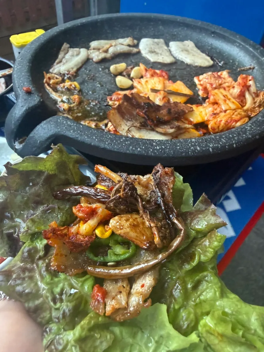 The outdoor table at Chowon Restaurant after the meal
