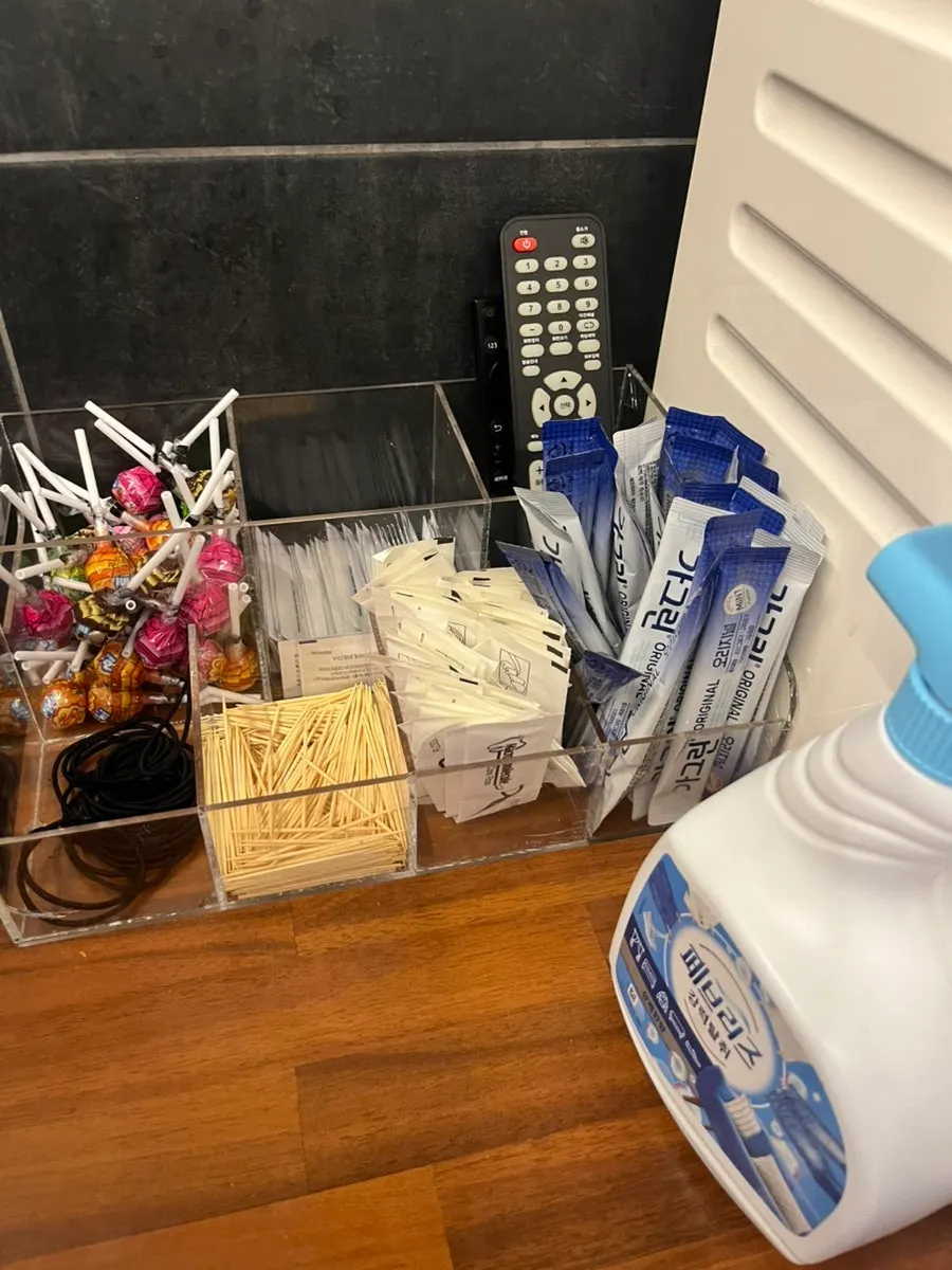 Service area with floss, hair ties, and candy