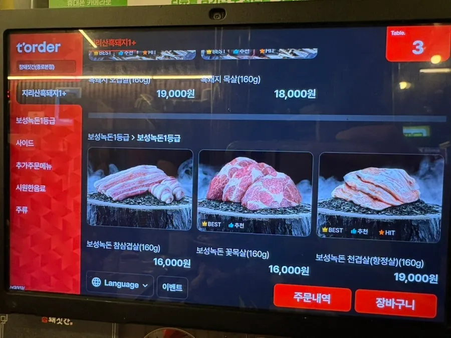 Meat menu board at Cham Dwaejitgan Jongno Main Branch