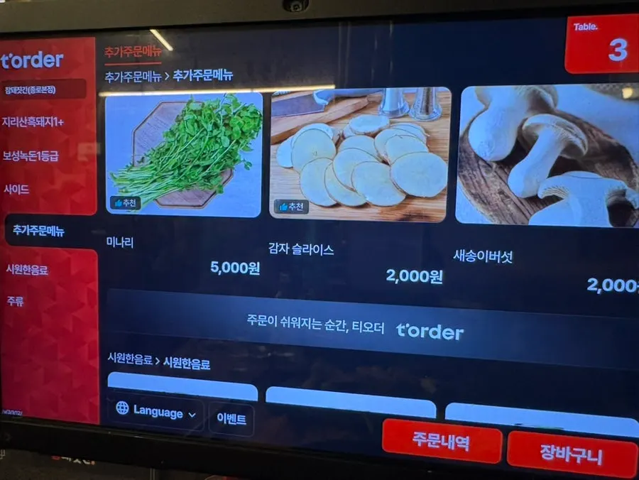 Menu for specialty cuts like cheongyeopsal and gabrisal