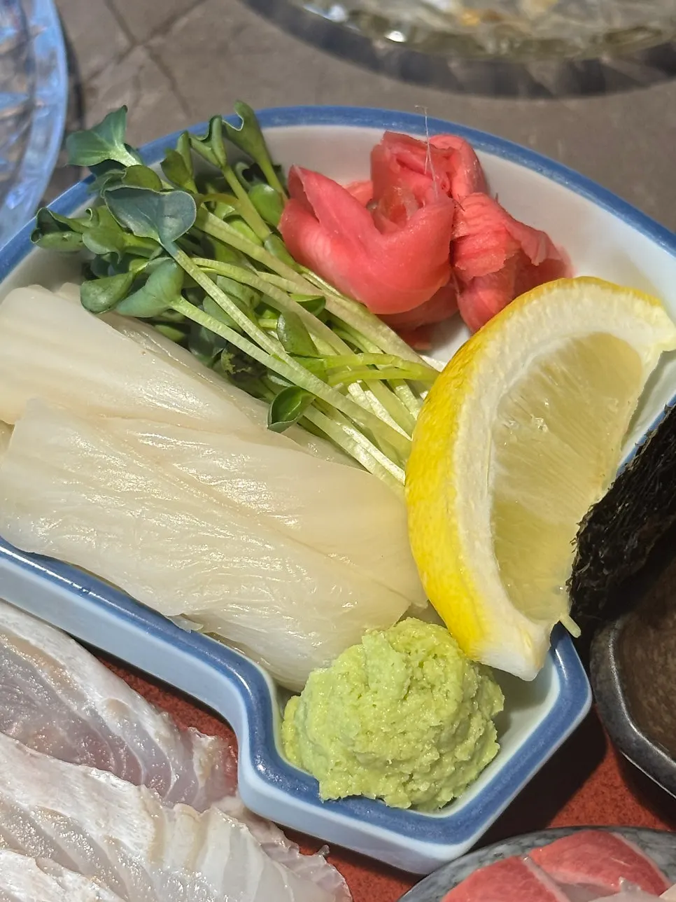 Aged sashimi plate arranged by cut