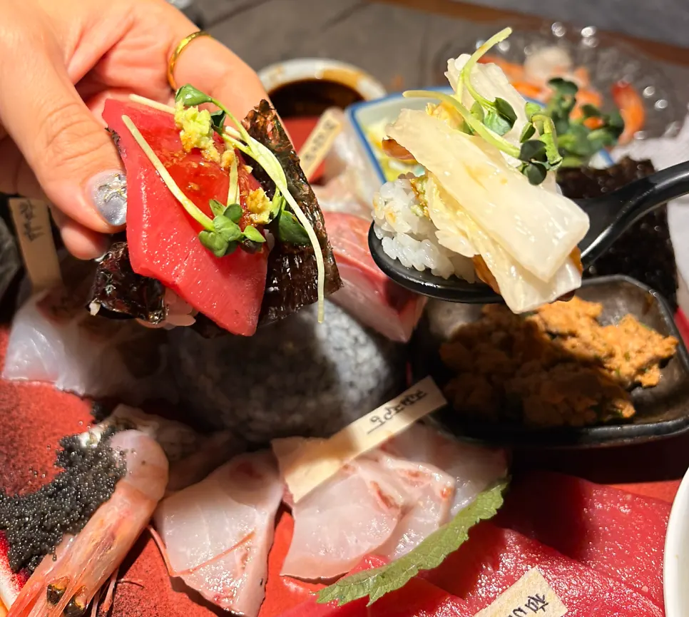 An almost-emptied plate of aged sashimi