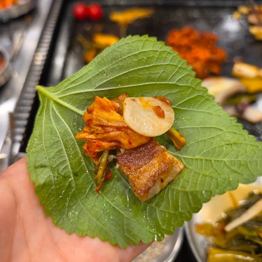 Meat wrapped in a perilla leaf