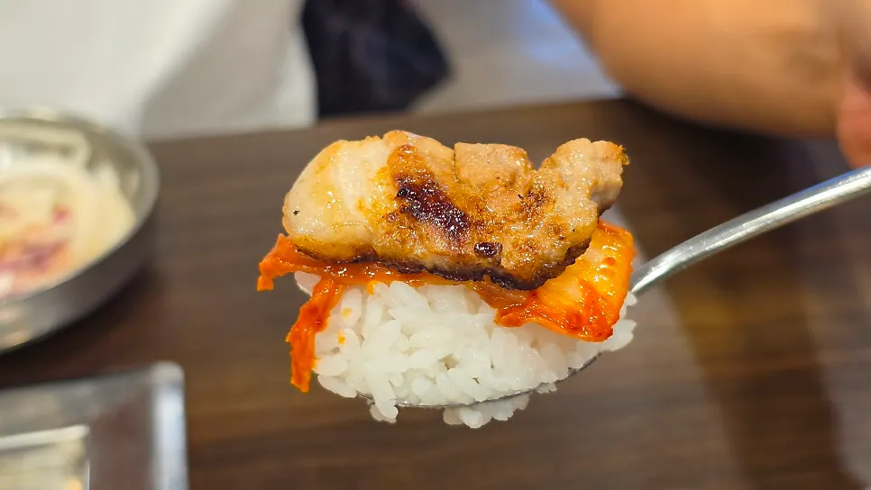 Kimchi and meat placed on top of rice