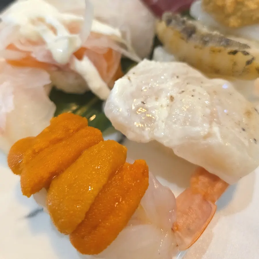 Thick slices of raw fish on sushi