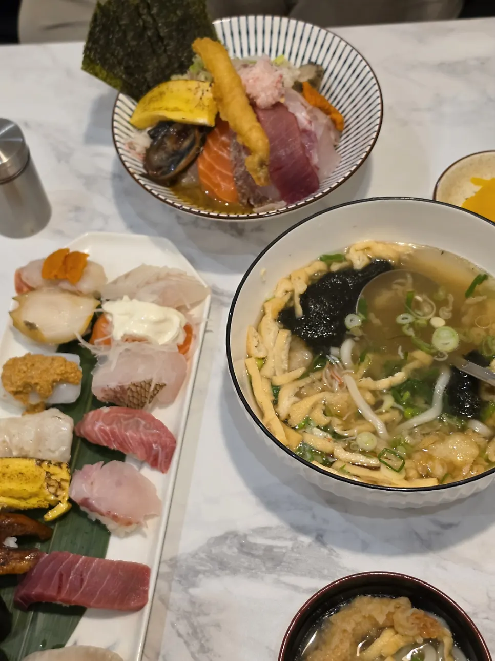 Table set with premium sushi set, kaisendon and udon