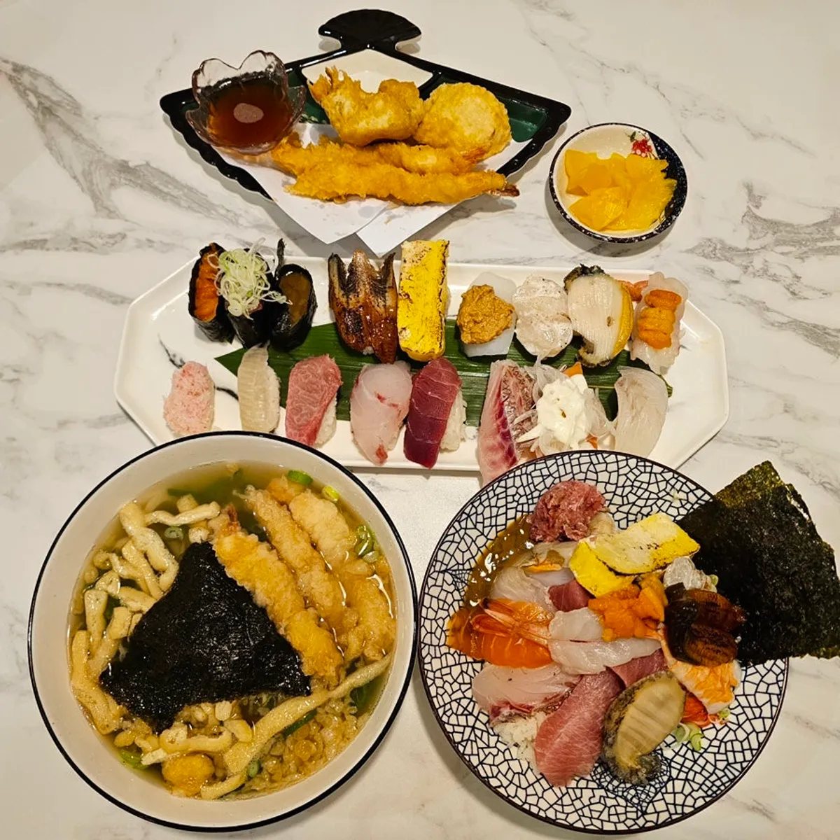 17-piece premium sushi and top-tier kaisendon served together
