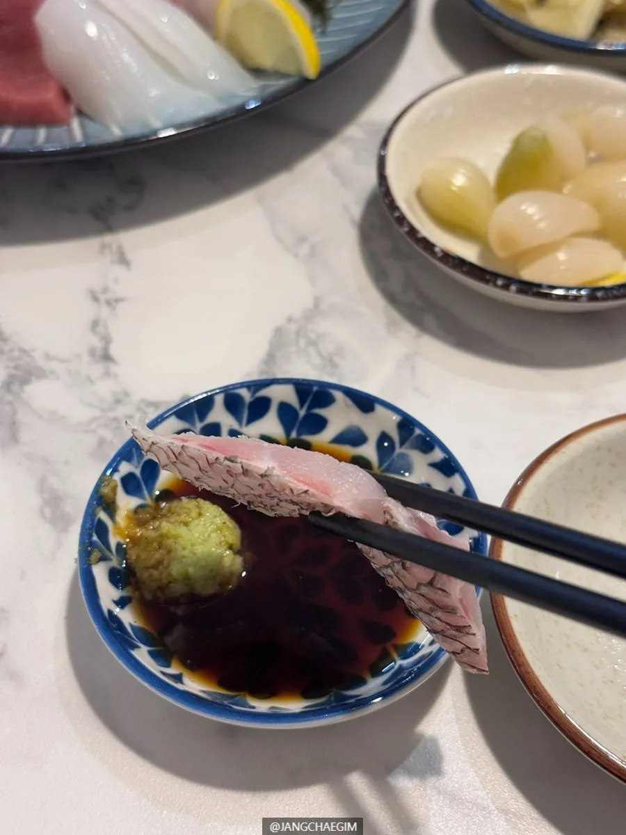 Close-up of the tuna portion of the mixed sashimi