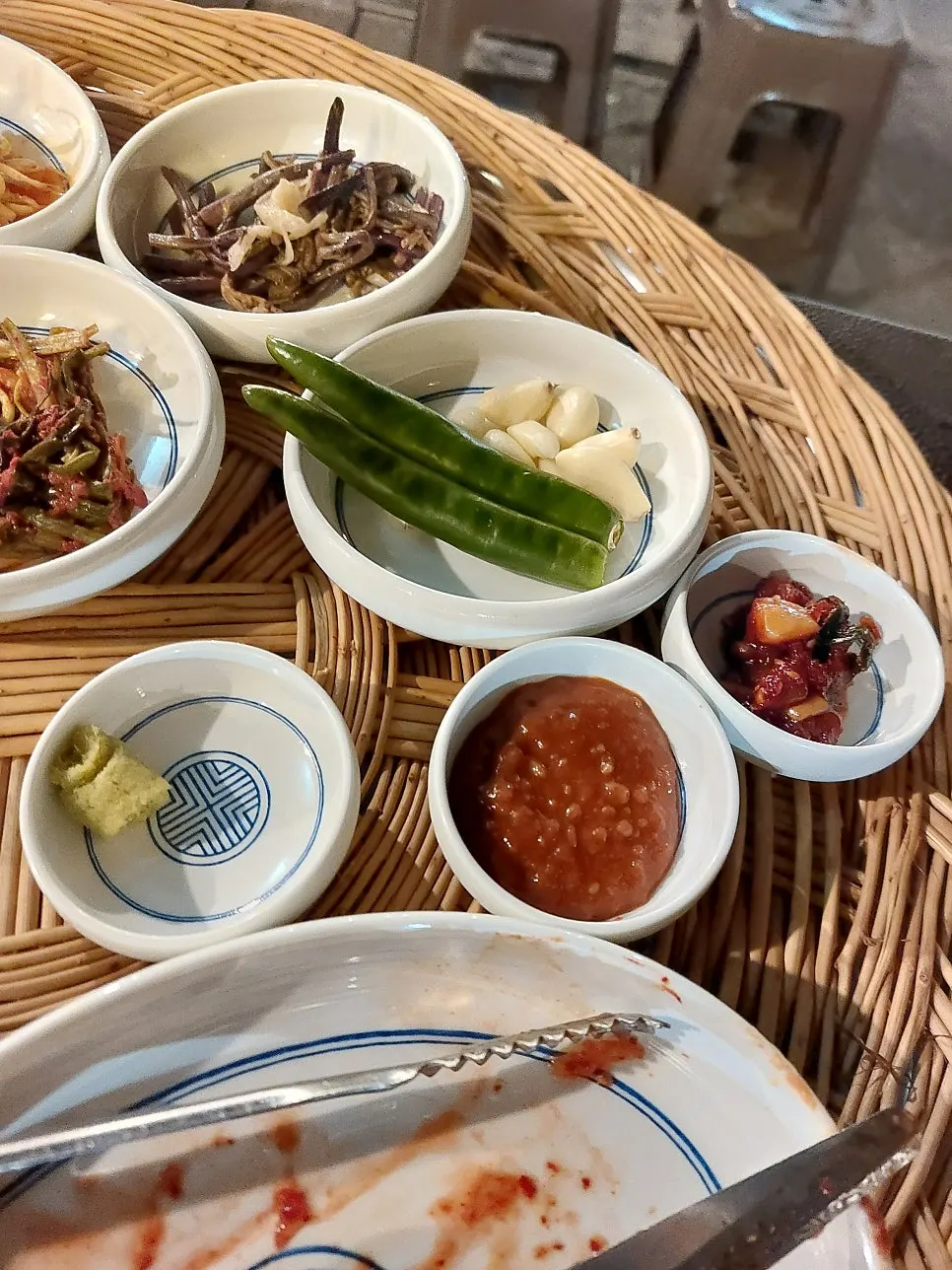 The grill and side dishes near the end of the meal