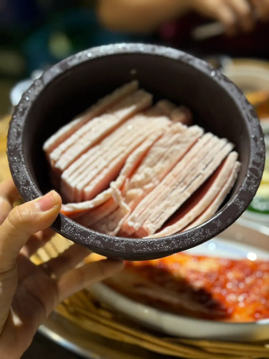 Plate of frozen pork belly served for two