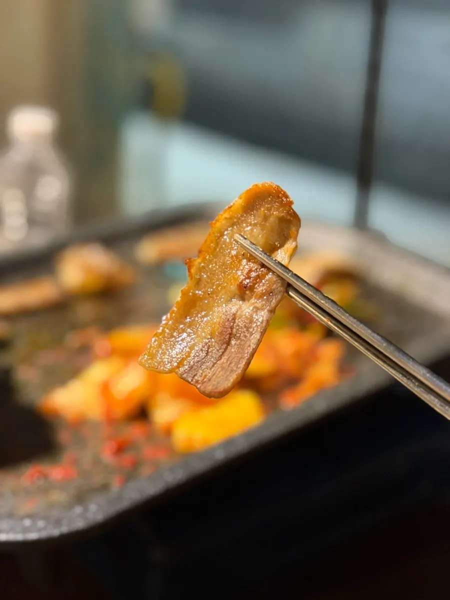 Fully cooked pork belly with grilled kimchi