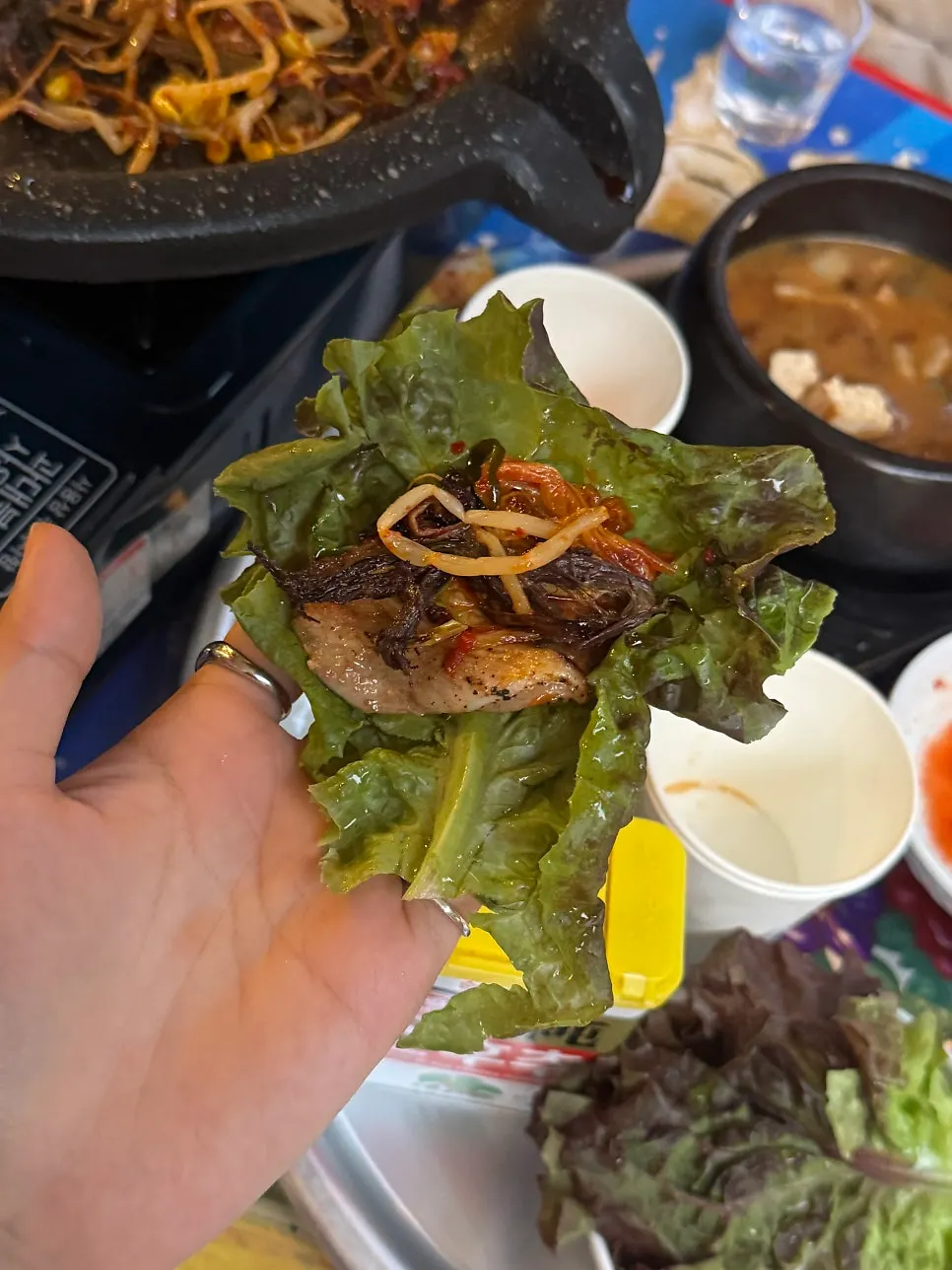 Table with naengsam, doenjang jjigae, and steamed egg together