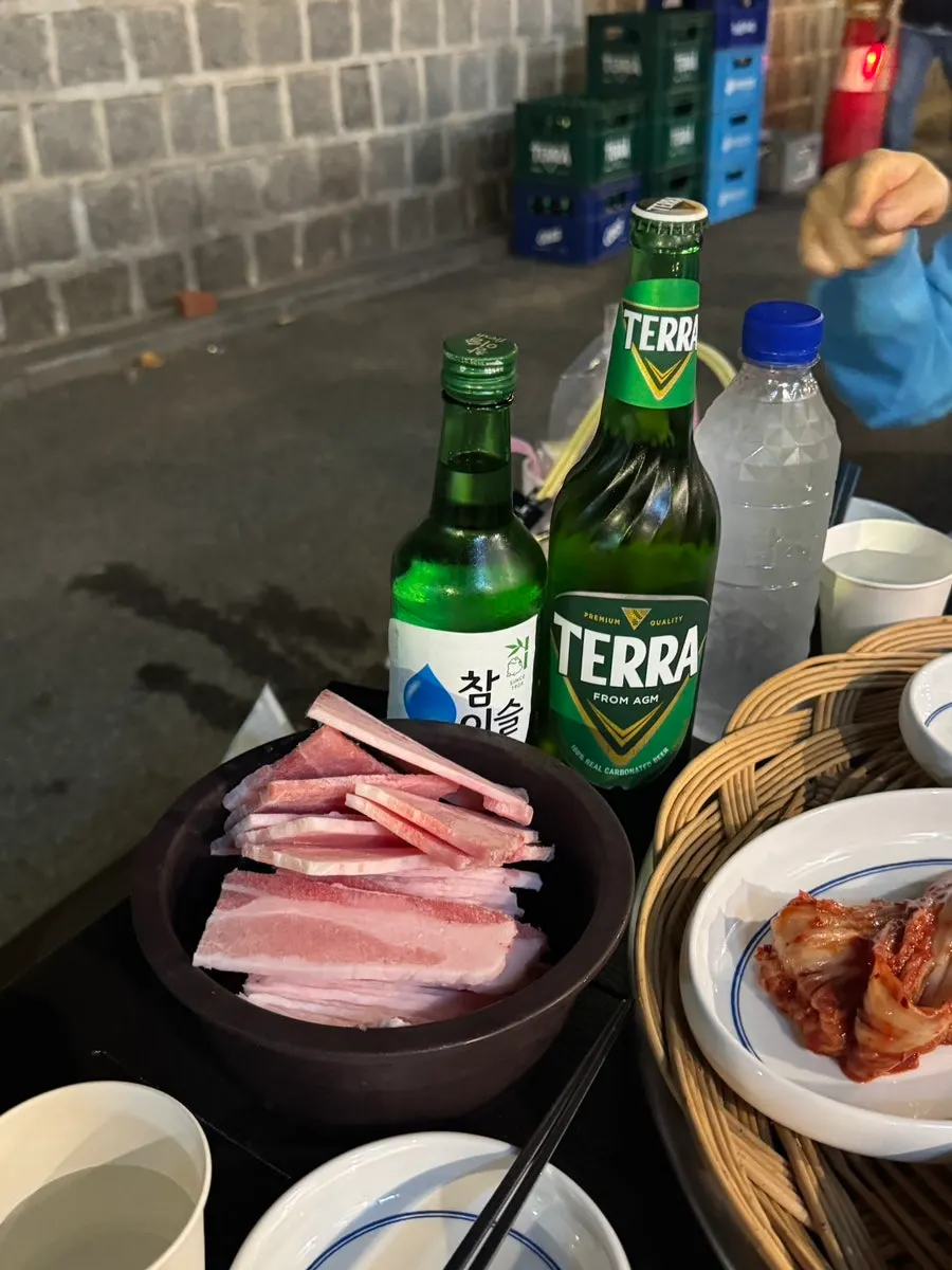 Soju and beer on the outdoor table
