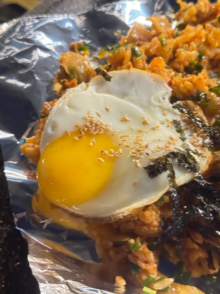 Kimchi fried rice topped with a fried egg