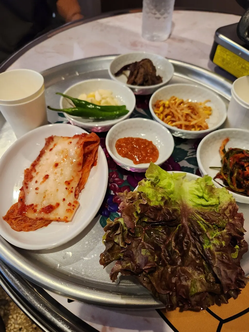 Chowon's basic banchan served all at once on a tray
