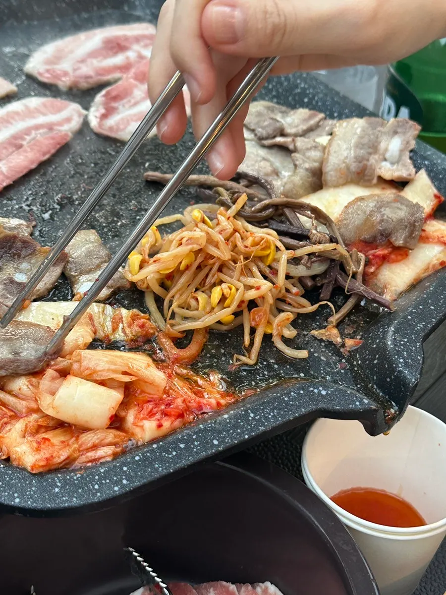 Fully cooked frozen pork belly with grilled side dishes