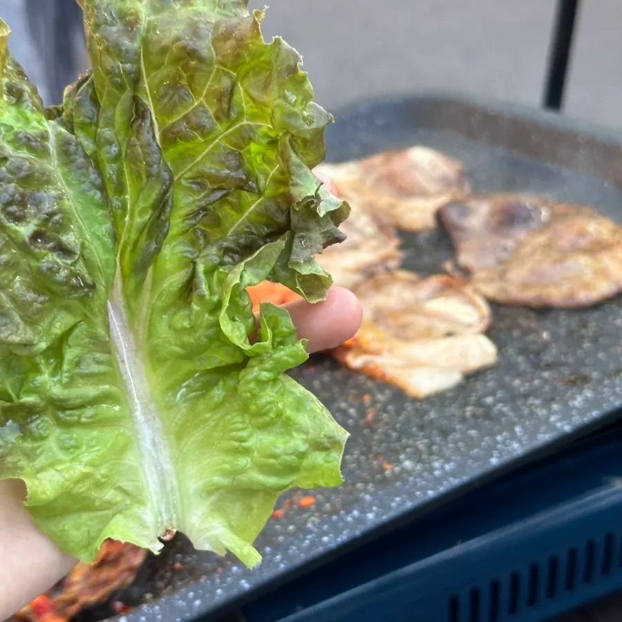 A well-grilled piece of thin-cut pork belly