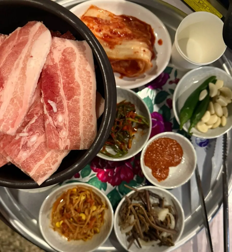 Frozen pork belly spread set on a table at Chowon Restaurant