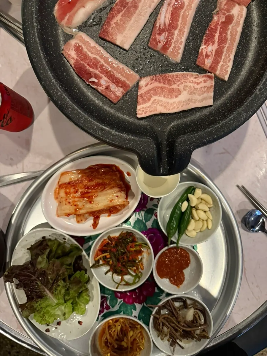Crispy grilled pork belly with grilled kimchi