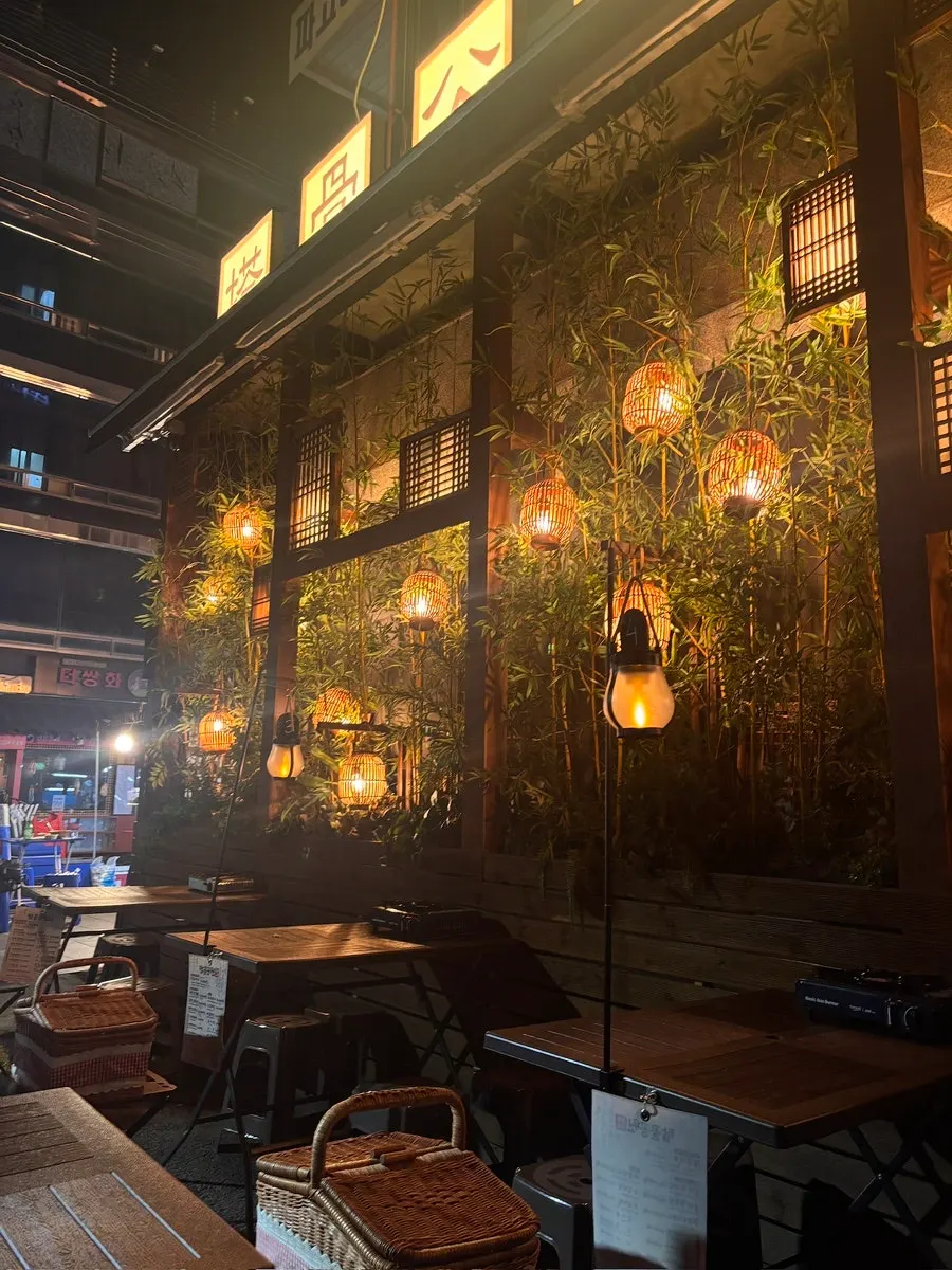 Exterior decorated with bamboo and traditional lighting