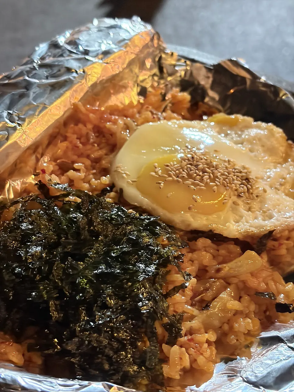 Kimchi fried rice topped with egg