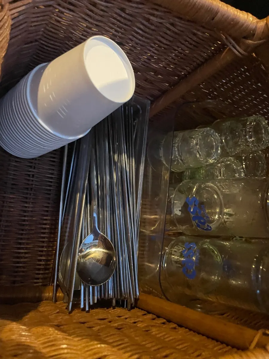 Self-service side dish bar and bottled water fridge