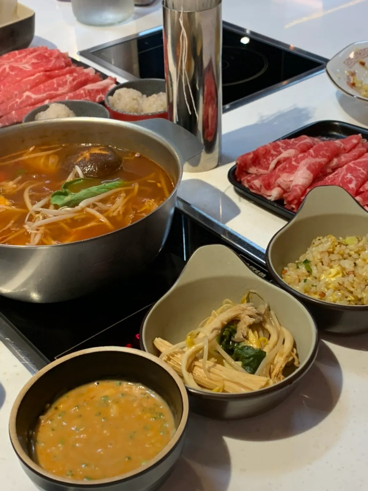 Hot pot paired with egg fried rice and peanut sauce