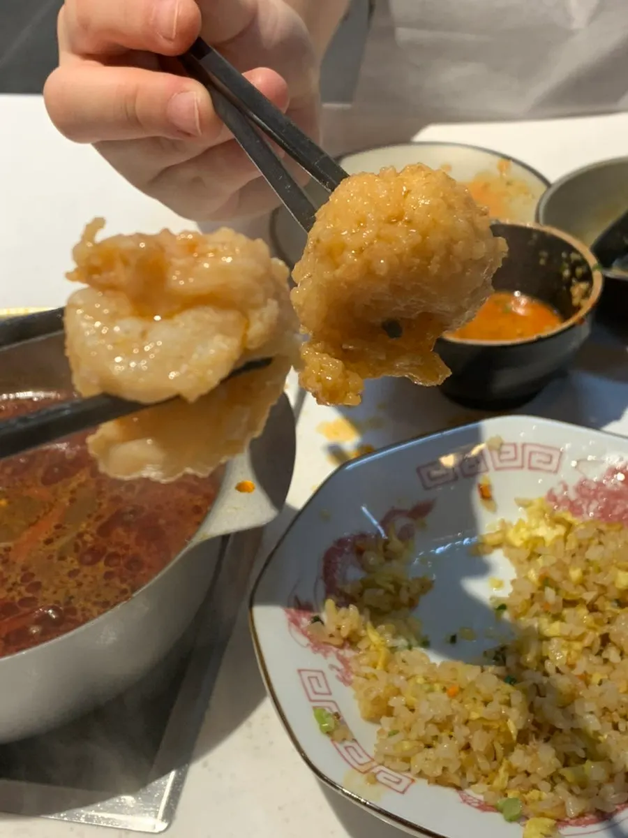 Close-up of bouncy, springy shrimp balls