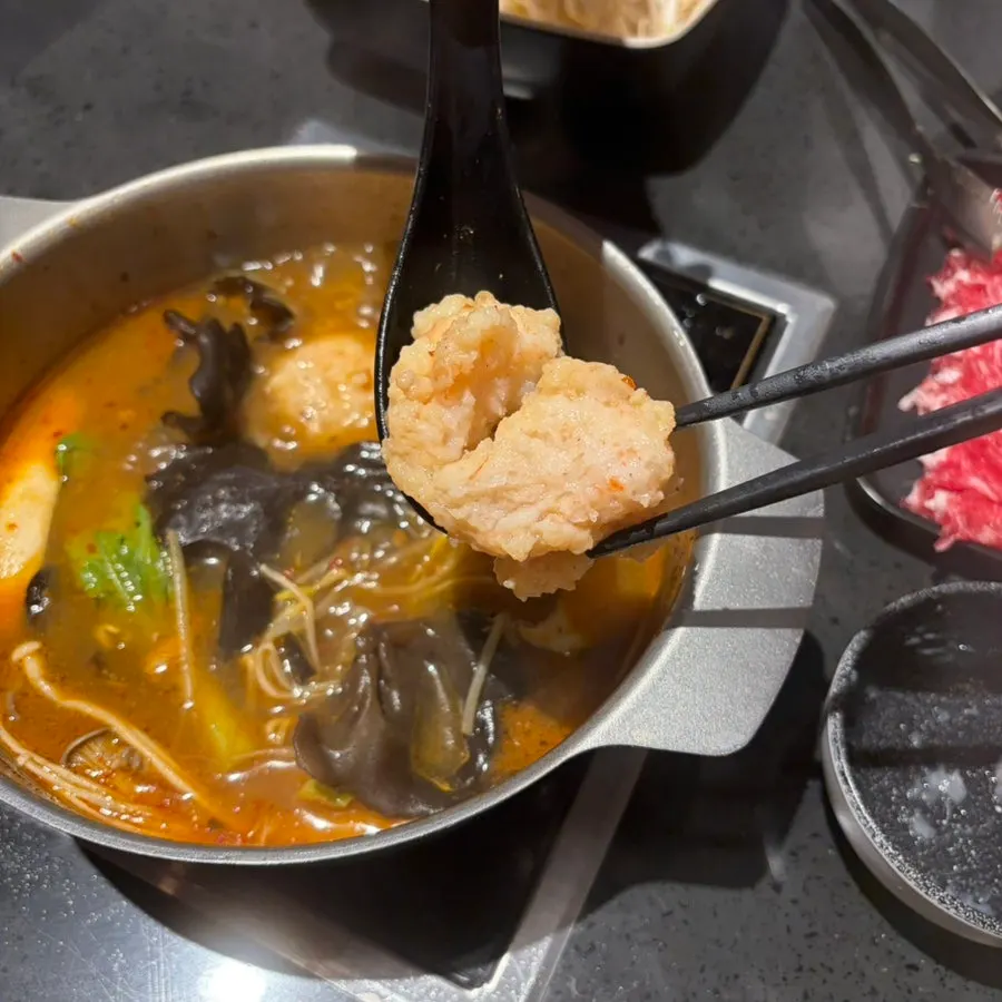 Shrimp balls made of real ground shrimp in the tom yum hot pot