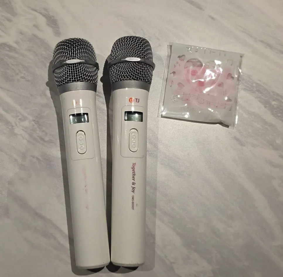 Room with TJ karaoke machine and wireless microphones