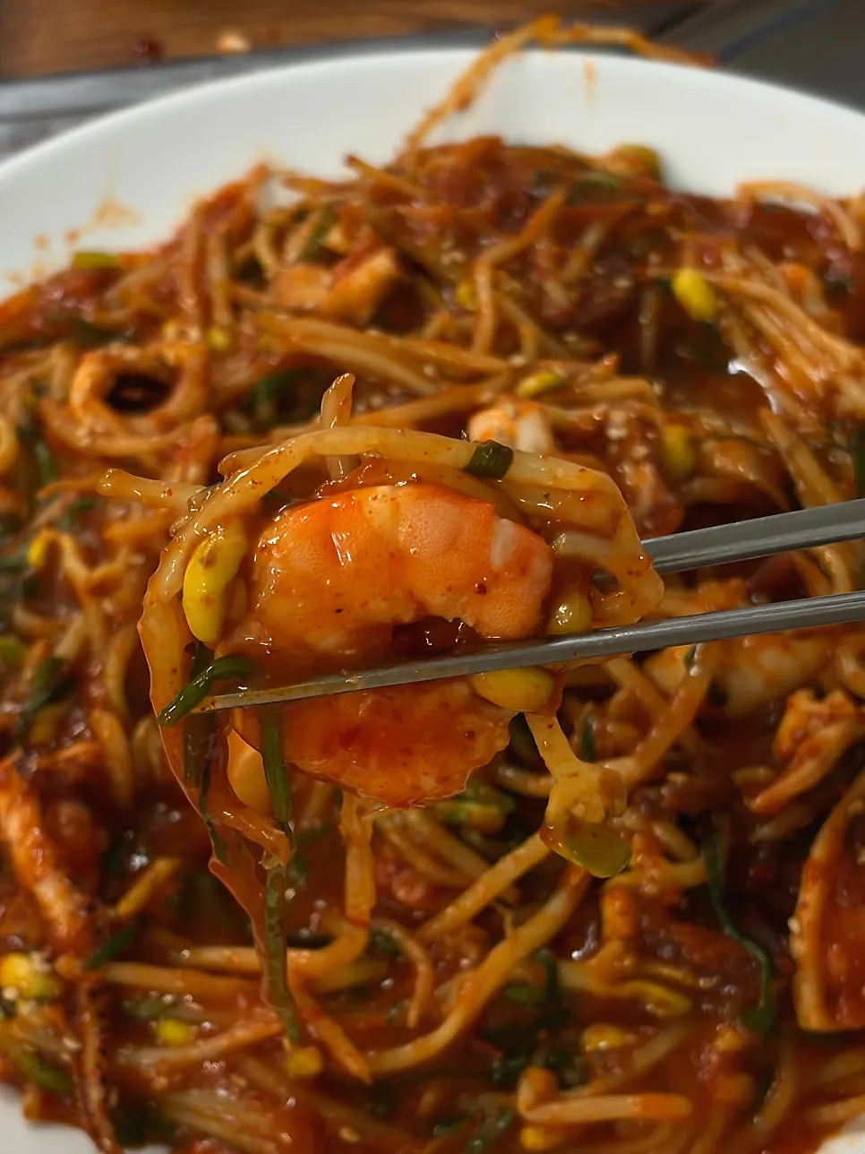 Close-up of the haemuljjim sauce and seafood