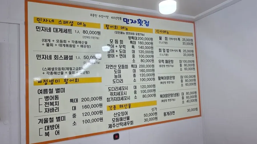 민자횟집 회 종류와 식사 메뉴판