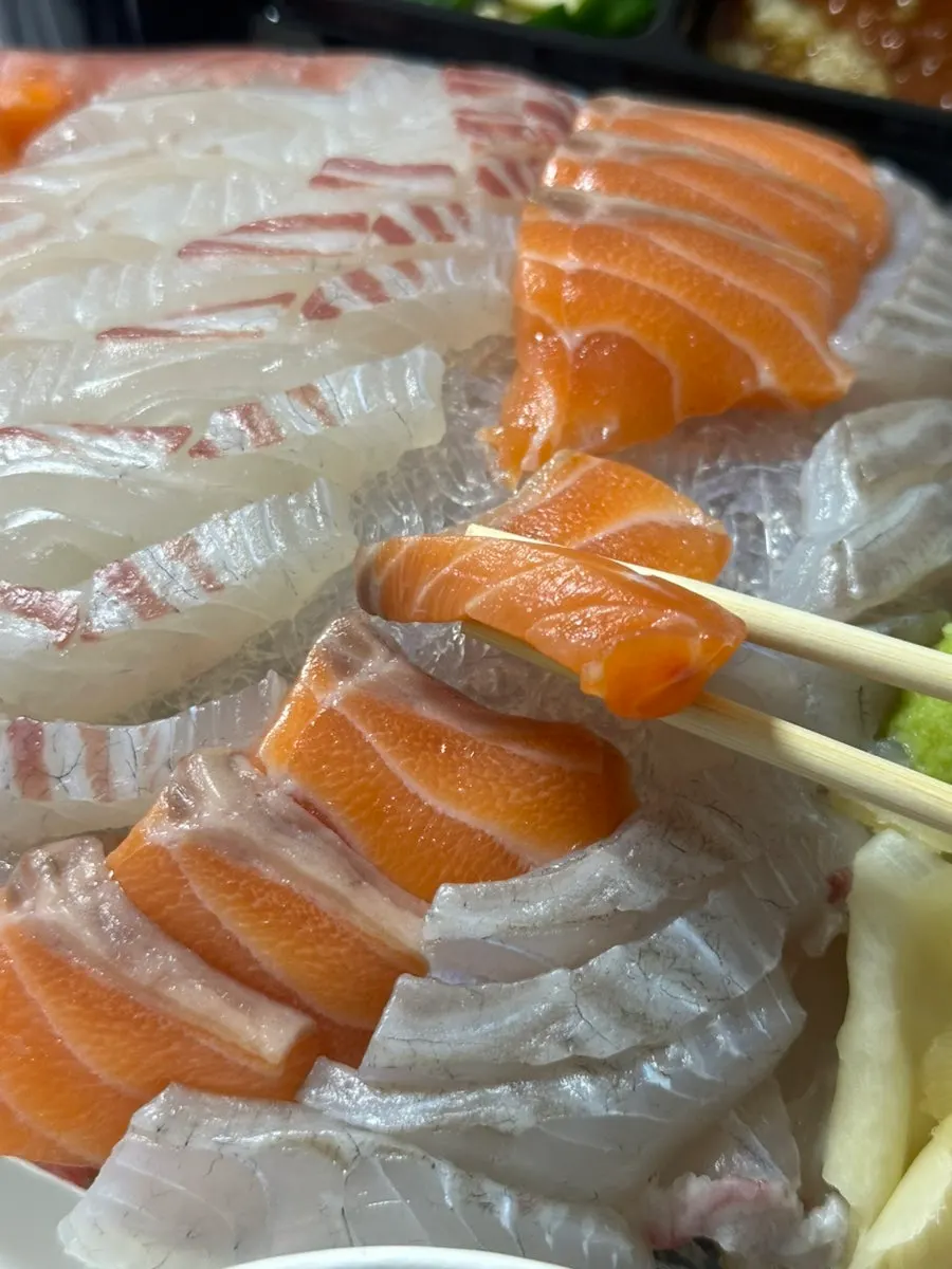 Close-up of a thick cut of sashimi