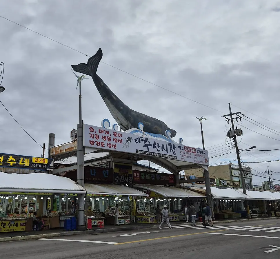 View of the coastal parking tower across from Jumunjin Fish Market