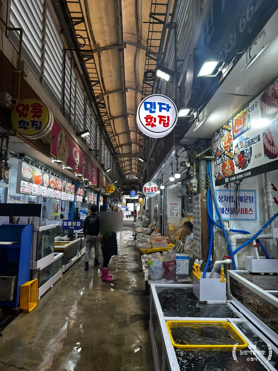 Jumunjin Fish Market corridor and Minja Hoetjip's sign