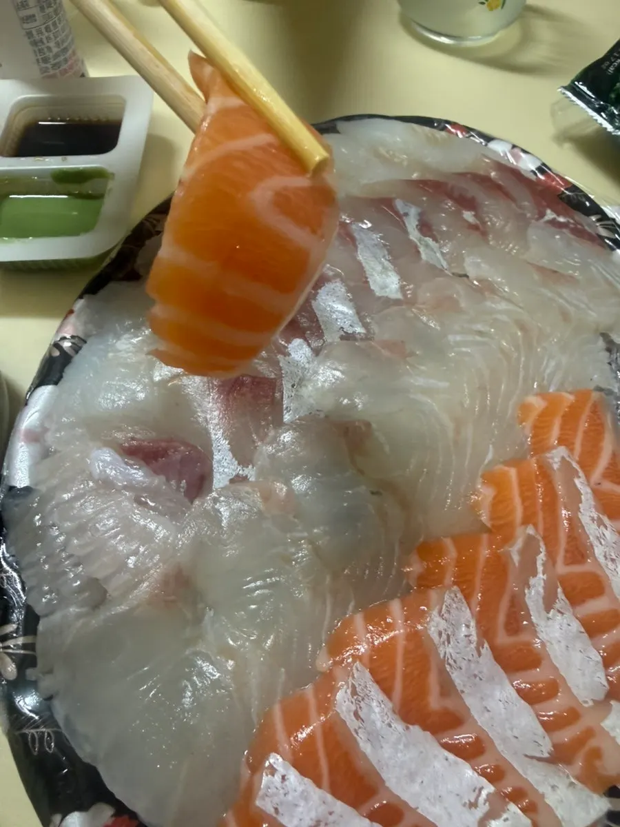 Close-up of thickly sliced sashimi