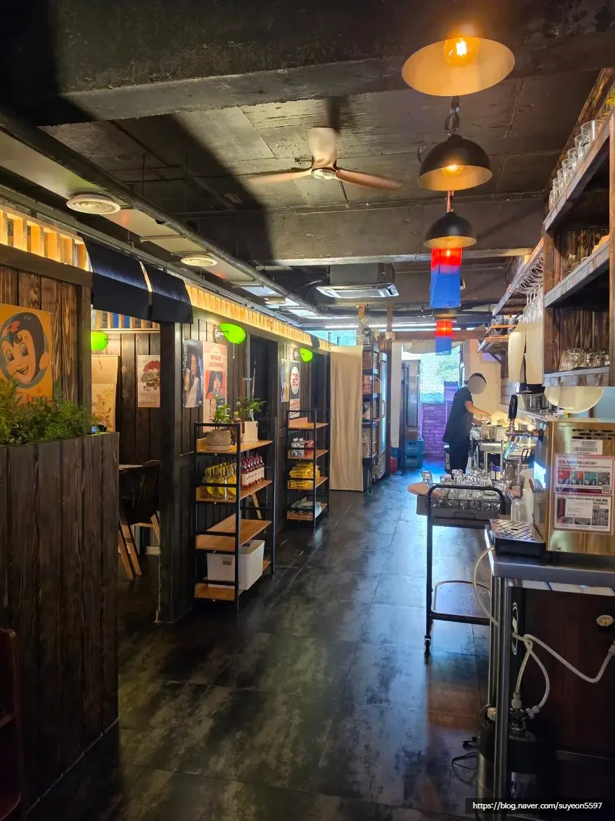 Interior of Ju Myeongdang's second floor with blue paper lanterns