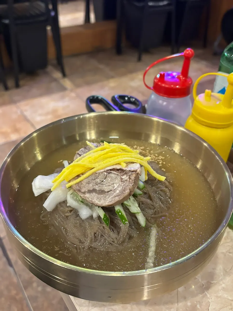 Finishing a meal of beef and pork